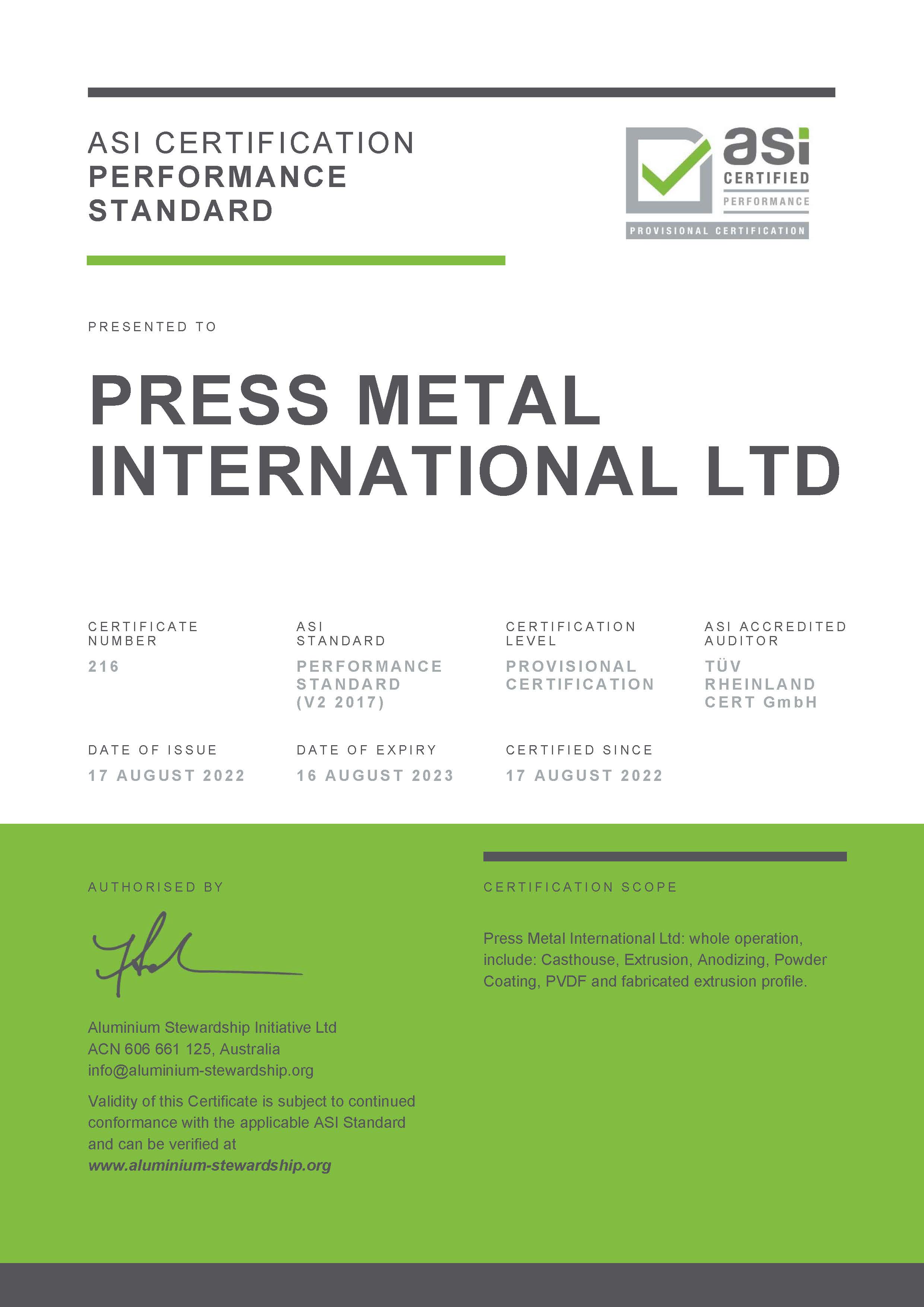 PMI has been certified against the ASI Performance Standard